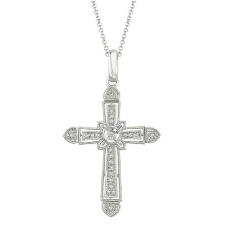 14K White Gold Diamond Cross Pendant w Chain