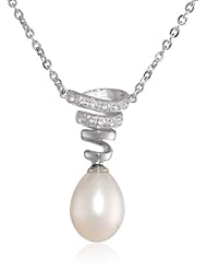 Sterling Silver Cable Chain on Swirl White Freshwater Cultured Drop Pearl and White Topaz Necklace (9-9.5mm),17"