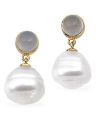 Jewelplus South Sea Cultured Pearl & Genuine Chalcedony Earrings 14K Yellow Pair 06.00 Mm/11.00Mm Fine Cir