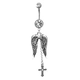 Wings & Cross Belly Button Ring with Clear Gemstones