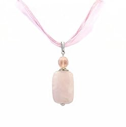 Necklace - N27 - Genuine Semi Precious Gemstone on Five-Strand Organza and Cotton Cord + 2" Extension Chain - Oval Shape ~ Rose Quartz