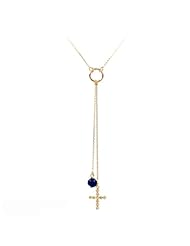 18K Rose Gold Plated .925 Cz Lariat Y-Shaped Classic Cross and Blue Lapiz Lazuli Stone Necklace