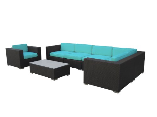 Lexington Modern Corona 7-Piece Outdoor Rattan, Espresso with Turquoise Cushion