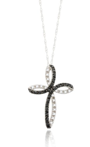 10k White Gold Cross Black and White Diamond Pendant