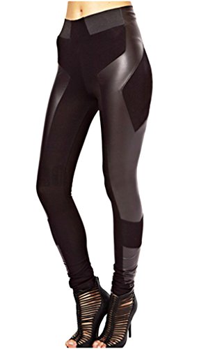 Lotsyle Womens Faux Leather Joint Leggings High Waist Stretch Panel Black Pants