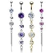 Four Round Clear Cubic Zirconia Vintage Dangle Belly Ring - Gold Plated - 14G - 3/8" Bar Length - Sold Individually