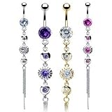 Four Round Clear Cubic Zirconia Vintage Dangle Belly Ring - Gold Plated - 14G - 3/8 Bar Length - Sold Individually