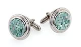 Unusual round silver plated step down bezel cufflinks set with green mosaic mother of pearl. Made in the U.S.A