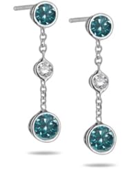 Triple Bezel SI1 Diamond & Teal Blue Diamond Earrings in 18K White Gold