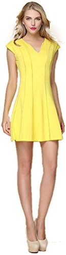 Women Short Sleeve Cocktail Party V Neck Mini Skater Dress Yellow