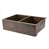 Bundle-93 33 Copper Hammered 50/50 Double Bowl Farmhouse Kitchen Sink in Oil Rubbed Bronze (3 Pieces)