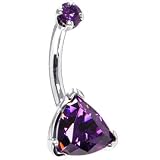 Solid 14KT White Gold Amethyst Trillion CZ Internally Threaded Belly Ring