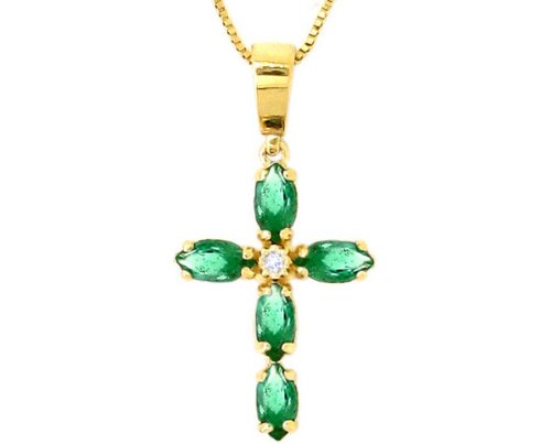 14K Yellow Gold Marquis Gemstone and Diamond Cross Pendant-Emerald , Chain- NOT included
