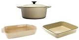 Review   / Le Creuset 3x piece cookware set Almond - 18cm round cast iron casserole, 25cm cast iron roasting dish, 32cm rectangular stoneware dish.