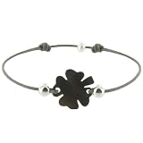 Bijoux Les Poulettes - Bracelet Trèfle Nacre Grise et Perles dArgent - Lien Gris