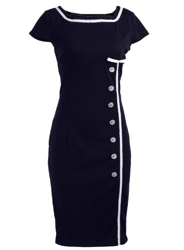 Navy Blue Sailor Nautical Pinup Rockabilly Vintage Retro Pencil Women's Dress