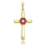 .02 carat Round Diamond .20 ct Ruby 14K Yellow Gold Charm Cross Pendant
