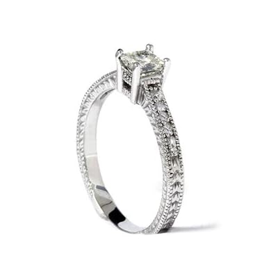 REAL .50CT PRINCESS CUT VINTAGE MILGRAIN ENGAGEMENT RING 14K WHITE GOLD REAL .50CT PRINCESS CUT VINTAGE MILGRAIN ENGAGEMENT RING 14K WHITE GOLD