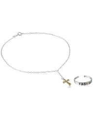Sterling Silver and Goldtone Finish Toe Ring and Chain Anklet with Cross, 10"