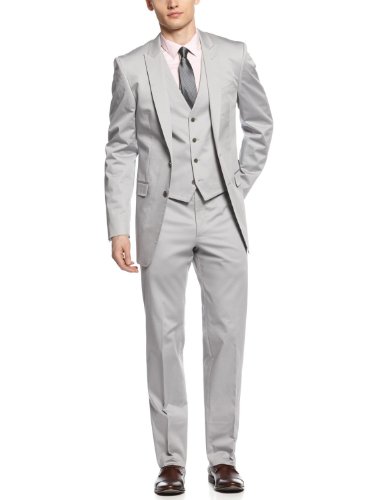 Calvin Klein Extreme Slim Fit Three Piece Peak Lapel Cotton Suit Light Gray