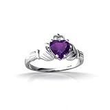 14K White Gold Genuine Heart Amethyst and Diamond Celtic Claddagh Ring