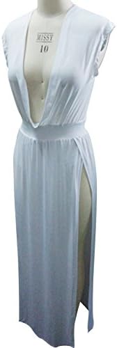 MSHI Women's Sexy V-neck High Side Slit Sleeveless Party Club Dress White XL