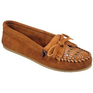 Buy Minnetonka Ladies Kilty Suede Studded Brown Casual by Minnetonka