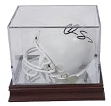BallQube Mini Helmet Holder Display with Wood Base and UV Protection - Football Helmet, Goalie Mask, Racing Helmet - Sports Memoriablia Display Case - Sportscards Collecting Supplies