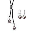Forever Friends Lavender Cultured Pearl Leather Bar Slider Lariat Necklace & Pearl Drop Earrings Sterling Silver Set