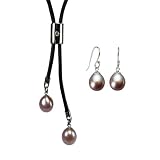 Forever Friends Lavender Cultured Pearl Leather Bar Slider Lariat Necklace & Pearl Drop Earrings Sterling Silver Set