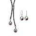 Forever Friends Lavender Cultured Pearl Leather Bar Slider Lariat Necklace & Pearl Drop Earrings Sterling Silver Set