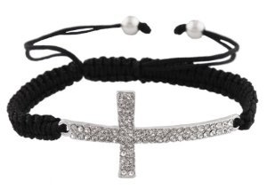 Black Lace Style Silver Iced Out Sideways Cross Macrame Bracelet