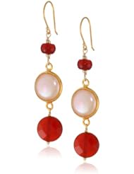 Freshwater Cultured Pearl Bezel and Carnelian Faceted Coin Smooth Rondelle with Gold over Silver Ear Wire Drop Earrings