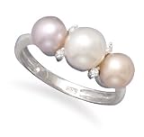 14K White Gold Ring with Multi Color Freshwater Button Pearls and Diamonds with Wood Box