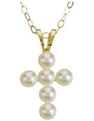 14k Yellow Gold Girls Freshwater Cultured Pearl Cross Necklace