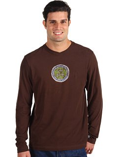 Life is Good Mens Creamy Long Sleeve Vee Distressed Coin, Chocolate Brown, Small