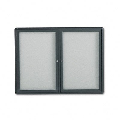Quartet Enclosed Sliding Door Fabric Bulletin Board 4 x 3 Feet Black Frame with Gray Fabric
