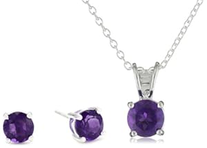 Sterling Silver 6mm Round Amethyst Stud Earring and Pendant Set, 18"