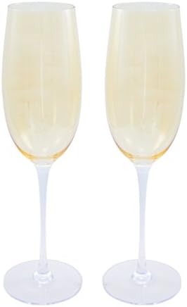 Golden Glass Champagne Flutes, Hand Blown, Set of 2,  Perfect Unique Idea for Wedding, Anniversary, Engagement, Newlyweds, Bridesmaid, Bridal Shower, Groom, or Couples, Toasting Glasses for Her &amp; Him