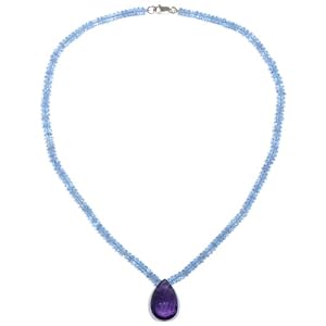 14k Yellow Gold Blue Topaz Roundel Necklace with Pear Shaped Amethyst Drop... by