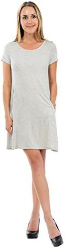 PURSON Womens Short Sleeve A Line Tunic Dress with Side Pockets Medium Light Heather Grey
