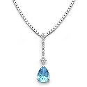 14k White Gold Pear Shaped Blue Topaz and Diamond Drop Pendant with Chain