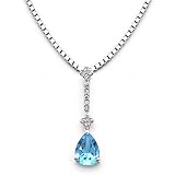 14k White Gold Pear Shaped Blue Topaz and Diamond Drop Pendant with Chain
