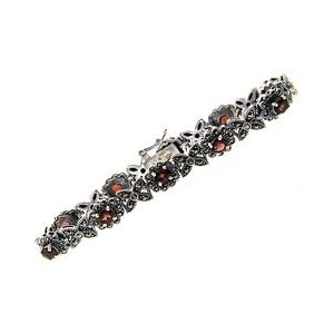 Sterling Silver Marcasite Flowers and Leaves Red Bracelet by