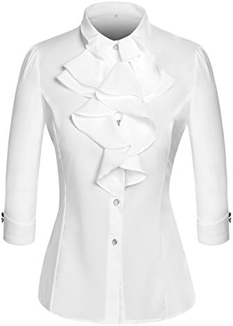 Women Elegant Stand Collar Lotus Leaf Ruffle OL Half Sleeve Blouse White US 10-12
