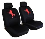 4pc Black LOW Back Seat Covers with Red Mustang Horse Pony Logo