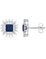 Square Sapphire and Diamond Floral Border Earrings in White Gold