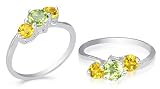 Round Cut Peridot Citrine Three Stone Ring Sterling Silver Size 6