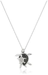 10k White Gold Black and White Diamond Mother and Baby Turtle Pendant Necklace (.08 cttw), 18"