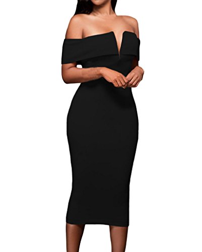 Tiksawon Womens Sexy Off Shoulder Bodycon Party Evening Midi Dress